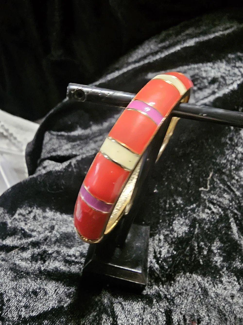 Gold-Tone Red Enamel Hinged Bangle Bracelet